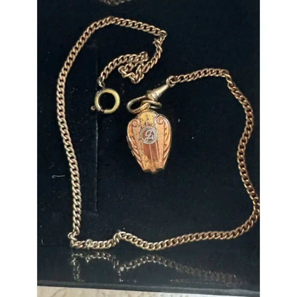 Victorian Keene 12K gold filled Albert watch chain with small casket locket.